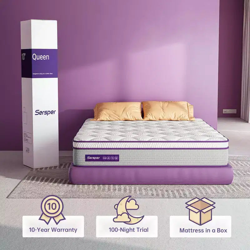 Matelas hybride à ressorts et mousse à mémoire de forme Sersper 10 pouces – Compatible avec les lits plateformes, les sommiers tapissiers ou les bases à lattes