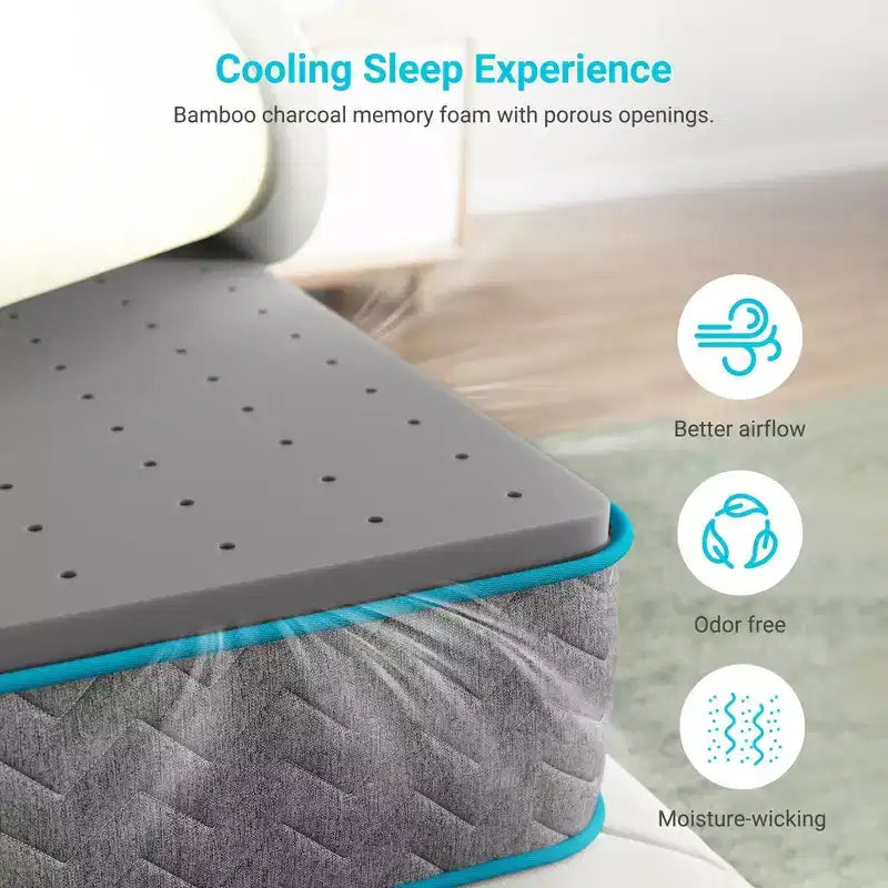 Matelas hybride Serweet 8 pouces en charbon de bambou respirant - Compatible avec les lits plateforme, les sommiers tapissiers ou les bases à lattes