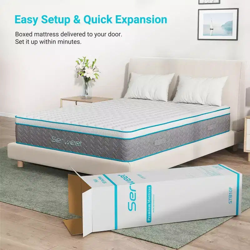 Matelas hybride Serweet 8 pouces en charbon de bambou respirant - Compatible avec les lits plateforme, les sommiers tapissiers ou les bases à lattes