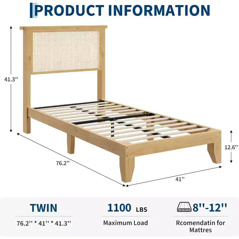 Rattan Bed Frame with Natural Rattan Headboard & LED Lights, Wood Slats Support, No Box Spring Needed, Natural