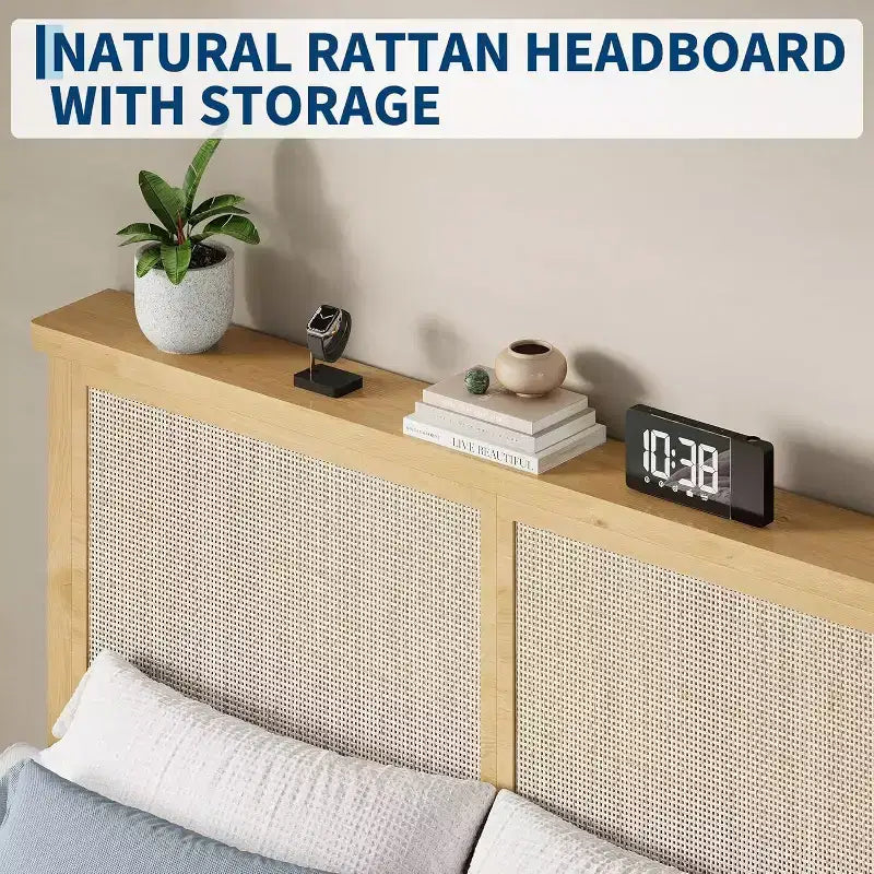 Cadre de lit en rotin avec tête de lit en rotin naturel et lumières LED, support à lattes en bois, pas besoin de sommier tapissier, naturel