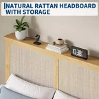Cadre de lit en rotin avec tête de lit en rotin naturel et lumières LED, support à lattes en bois, pas besoin de sommier tapissier, naturel