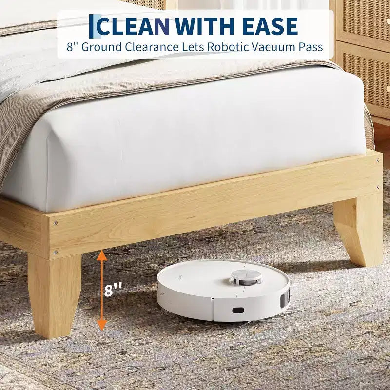 Cadre de lit en rotin avec tête de lit en rotin naturel et lumières LED, support à lattes en bois, pas besoin de sommier tapissier, naturel