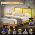 Cadre de lit en rotin avec tête de lit en rotin naturel et lumières LED, support à lattes en bois, pas besoin de sommier tapissier, naturel