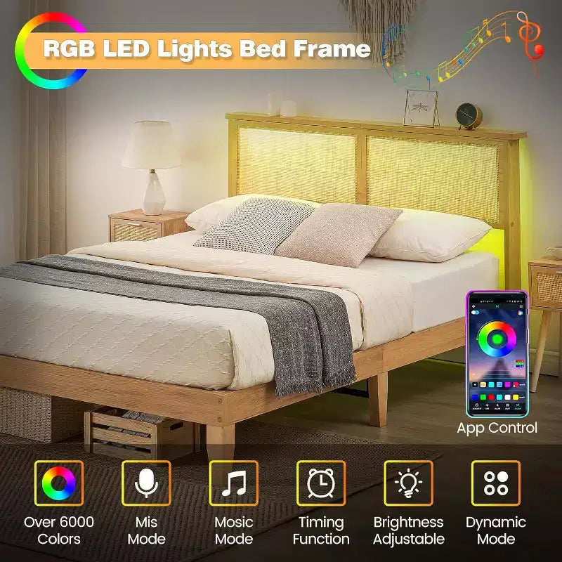 Cadre de lit en rotin avec tête de lit en rotin naturel et lumières LED, support à lattes en bois, pas besoin de sommier tapissier, naturel