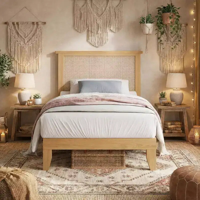Cadre de lit en rotin avec tête de lit en rotin naturel et lumières LED, support à lattes en bois, pas besoin de sommier tapissier, naturel