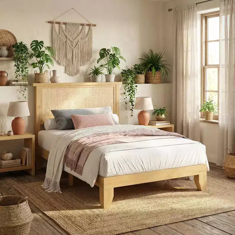 Cadre de lit en rotin avec tête de lit en rotin naturel et lumières LED, support à lattes en bois, pas besoin de sommier tapissier, naturel