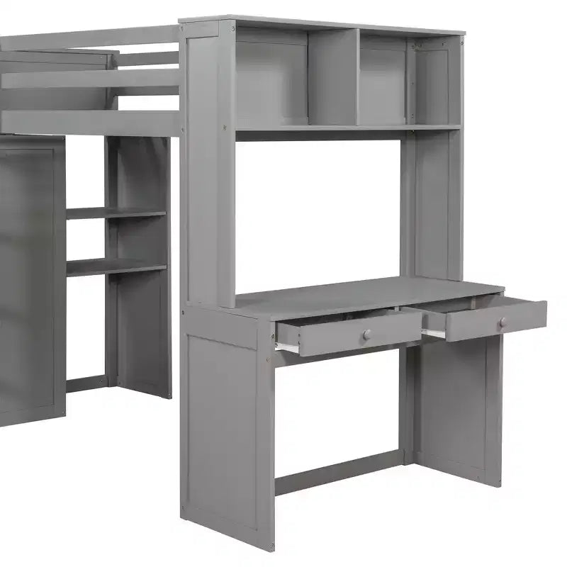 Lit superposé en L Luxystar avec bureau, bibliothèque et armoire, jumeau sur jumeau