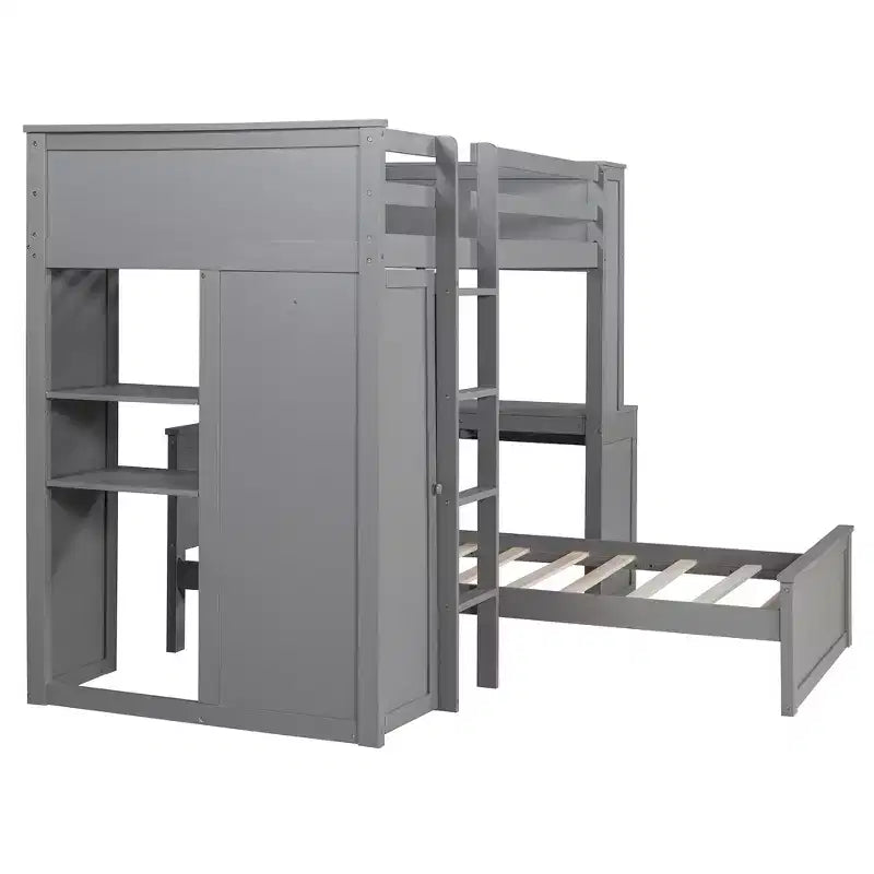 Lit superposé en L Luxystar avec bureau, bibliothèque et armoire, jumeau sur jumeau