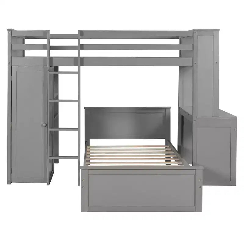 Lit superposé en L Luxystar avec bureau, bibliothèque et armoire, jumeau sur jumeau