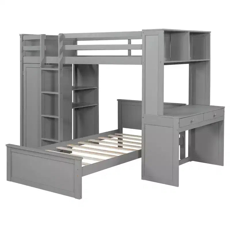 Lit superposé en L Luxystar avec bureau, bibliothèque et armoire, jumeau sur jumeau
