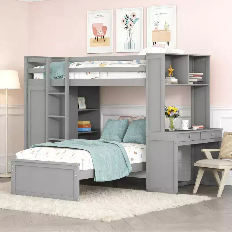 Lit superposé en L Luxystar avec bureau, bibliothèque et armoire, jumeau sur jumeau