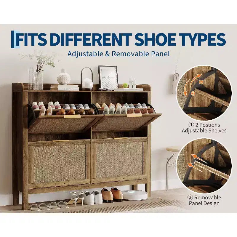 Meuble à chaussures en rotin Garvee, Organisateur d'entrée étroit autoportant de 120 cm avec 4 tiroirs basculants, étagères réglables, contient 32 à 50 paires