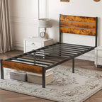 MAYEERTY Industrial Metal Platform Bed Frame with Wood Headboard & Footboard, 800lbs Load Capacity & 12.8 Underbed Storage