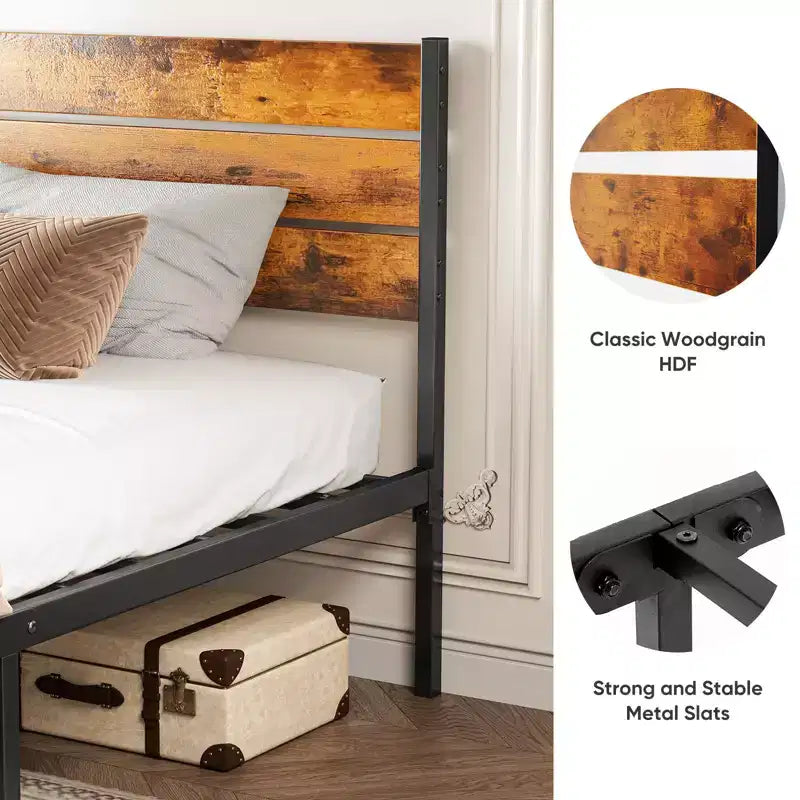 MAYEERTY Cadre de lit plateforme industriel en métal avec tête et pied de lit en bois, capacité de charge de 800 lb et espace de rangement sous le lit de 12,8 po