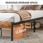 MAYEERTY Cadre de lit plateforme industriel en métal avec tête et pied de lit en bois, capacité de charge de 800 lb et espace de rangement sous le lit de 12,8 po
