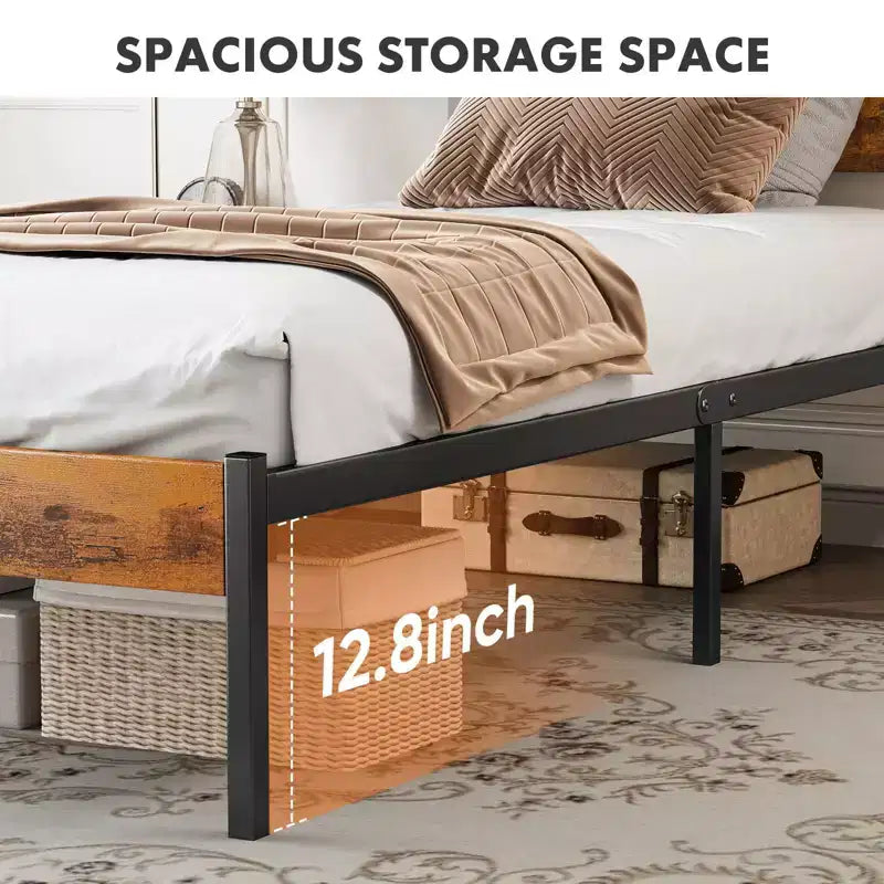 MAYEERTY Cadre de lit plateforme industriel en métal avec tête et pied de lit en bois, capacité de charge de 800 lb et espace de rangement sous le lit de 12,8 po