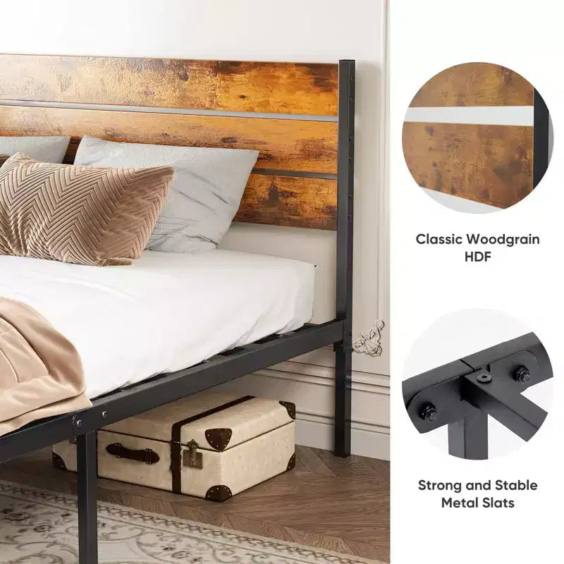 MAYEERTY Cadre de lit plateforme industriel en métal avec tête et pied de lit en bois, capacité de charge de 800 lb et espace de rangement sous le lit de 12,8 po