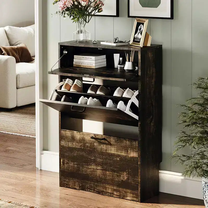 Karl Home Hidden Shoe Cabinet With 3 Flip Drop-Down Door White & Oak