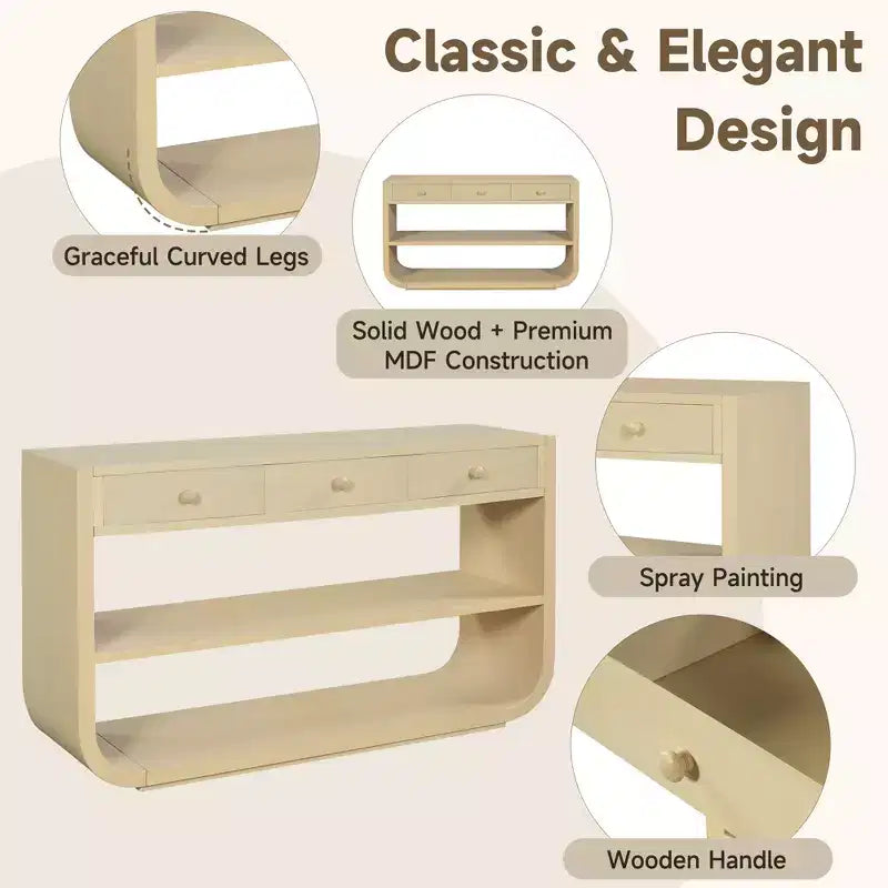 ModernLuxe – Console incurvée, table d'entrée, table de canapé, support d'exposition, table d'appoint avec 3 tiroirs à fermeture douce et 2 étagères ouvertes