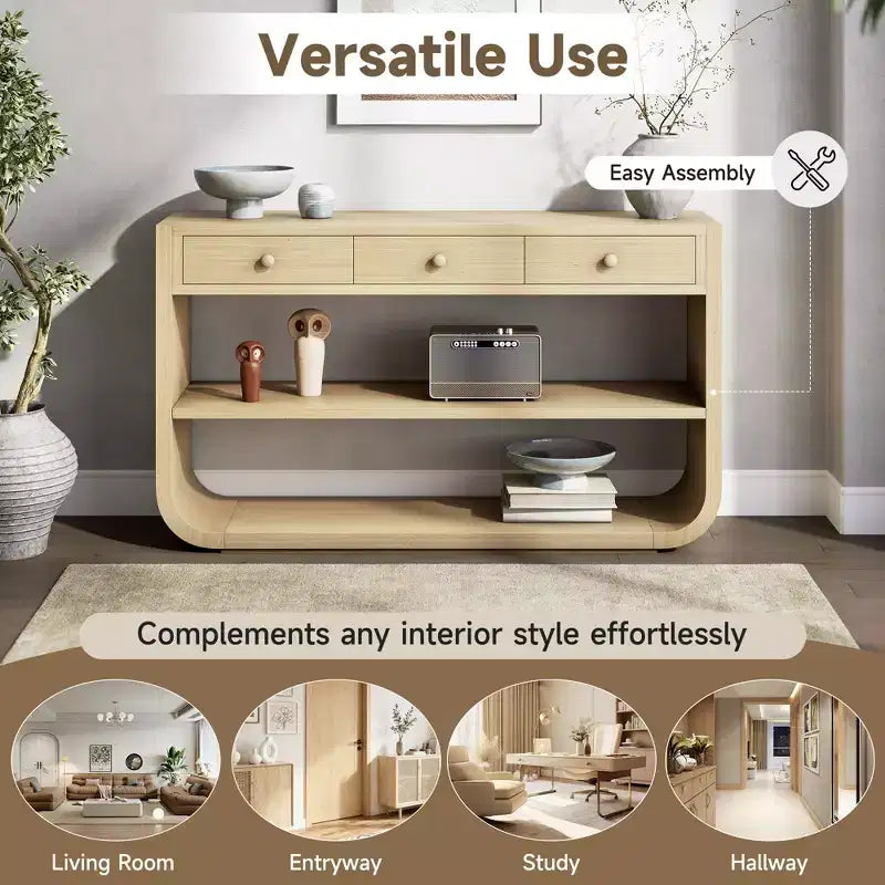 ModernLuxe – Console incurvée, table d'entrée, table de canapé, support d'exposition, table d'appoint avec 3 tiroirs à fermeture douce et 2 étagères ouvertes