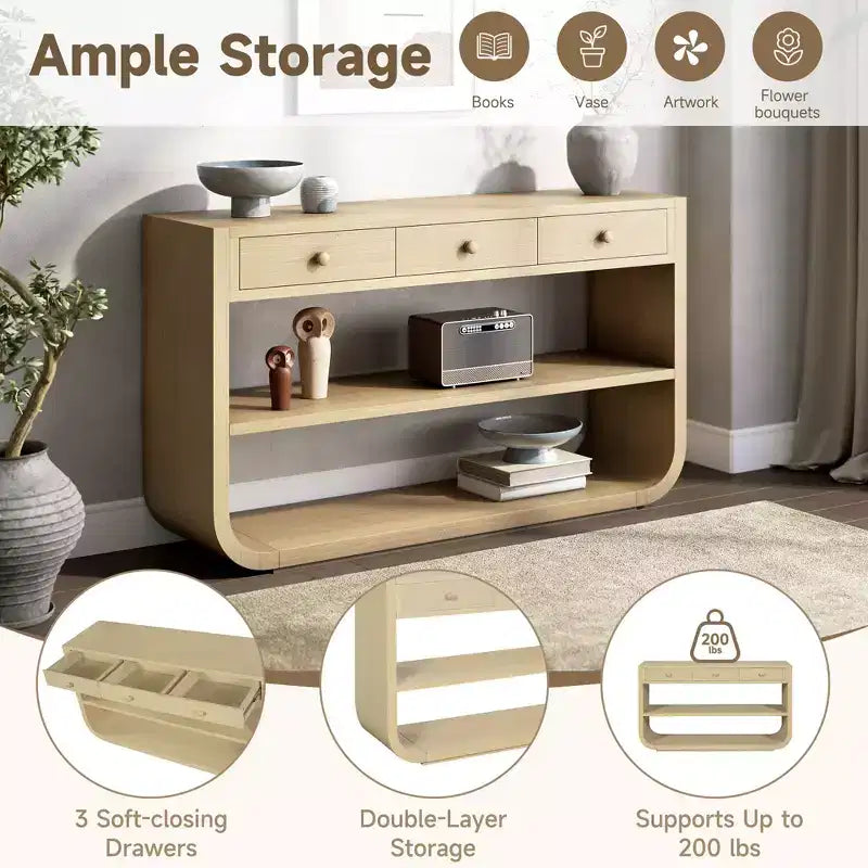 ModernLuxe – Console incurvée, table d'entrée, table de canapé, support d'exposition, table d'appoint avec 3 tiroirs à fermeture douce et 2 étagères ouvertes