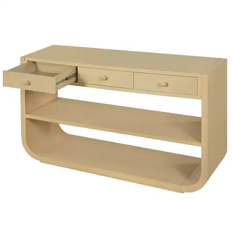 ModernLuxe – Console incurvée, table d'entrée, table de canapé, support d'exposition, table d'appoint avec 3 tiroirs à fermeture douce et 2 étagères ouvertes