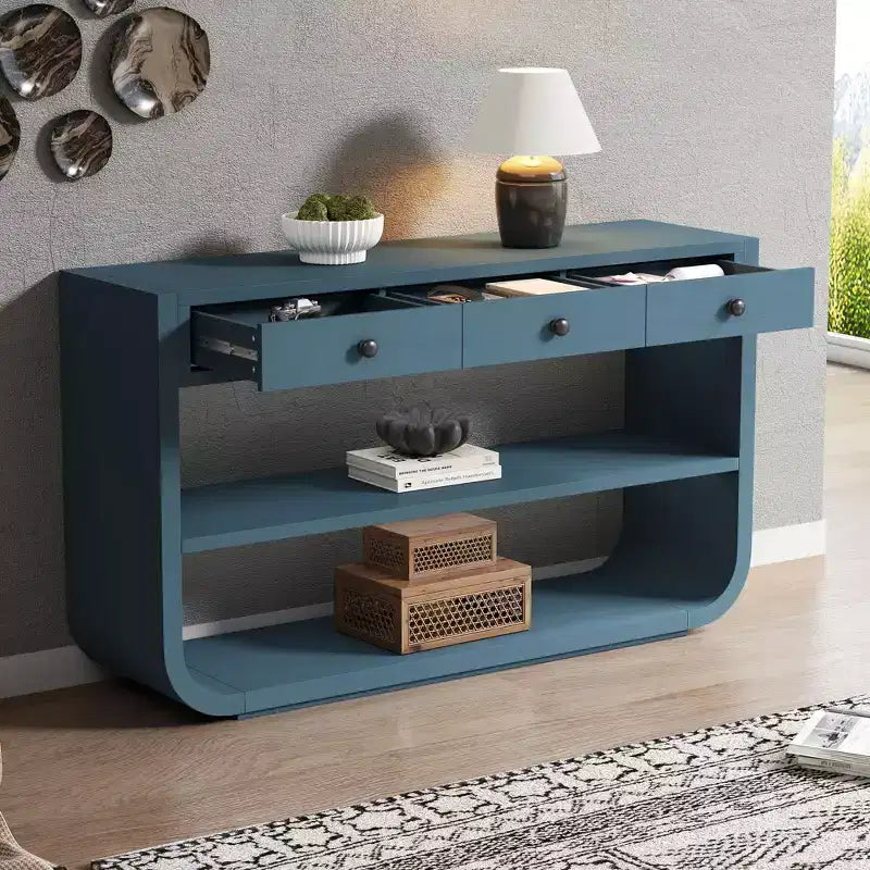 ModernLuxe – Console incurvée, table d'entrée, table de canapé, support d'exposition, table d'appoint avec 3 tiroirs à fermeture douce et 2 étagères ouvertes