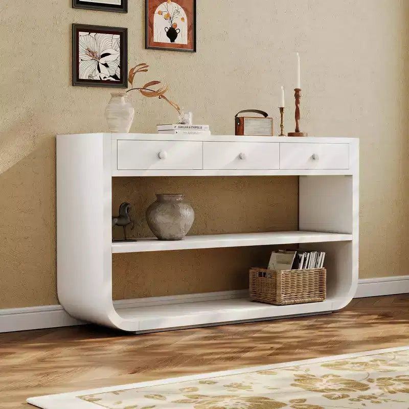 ModernLuxe – Console incurvée, table d'entrée, table de canapé, support d'exposition, table d'appoint avec 3 tiroirs à fermeture douce et 2 étagères ouvertes
