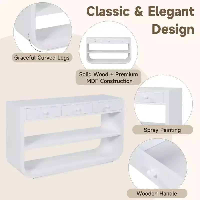 ModernLuxe – Console incurvée, table d'entrée, table de canapé, support d'exposition, table d'appoint avec 3 tiroirs à fermeture douce et 2 étagères ouvertes