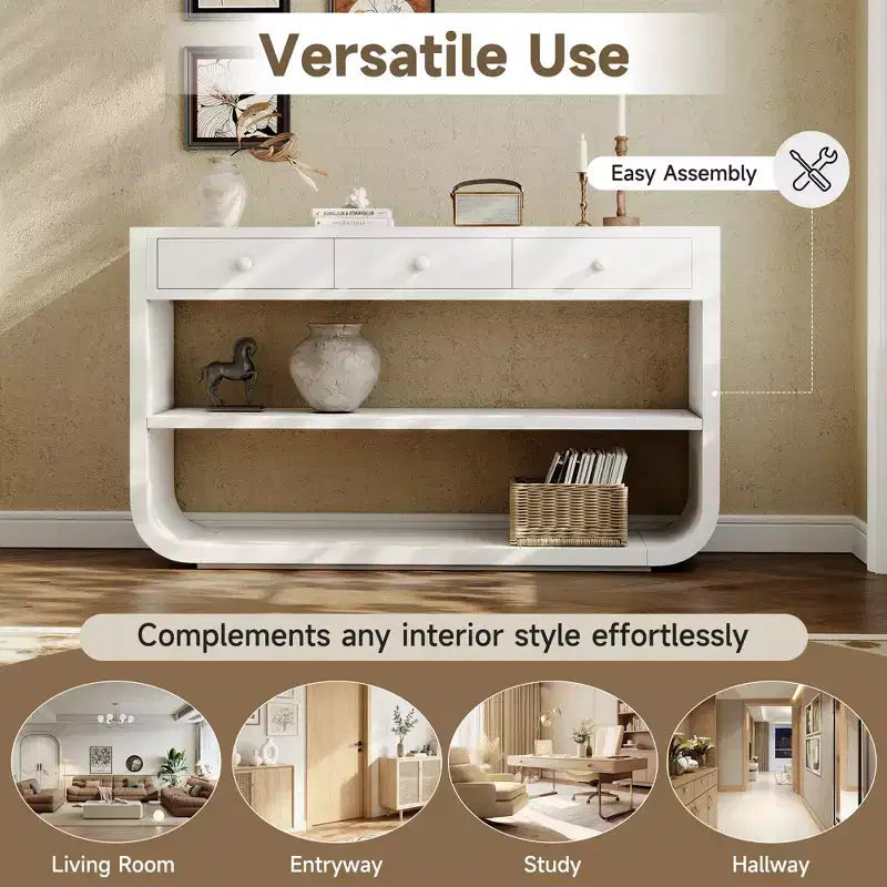 ModernLuxe – Console incurvée, table d'entrée, table de canapé, support d'exposition, table d'appoint avec 3 tiroirs à fermeture douce et 2 étagères ouvertes