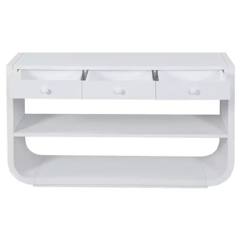 ModernLuxe – Console incurvée, table d'entrée, table de canapé, support d'exposition, table d'appoint avec 3 tiroirs à fermeture douce et 2 étagères ouvertes