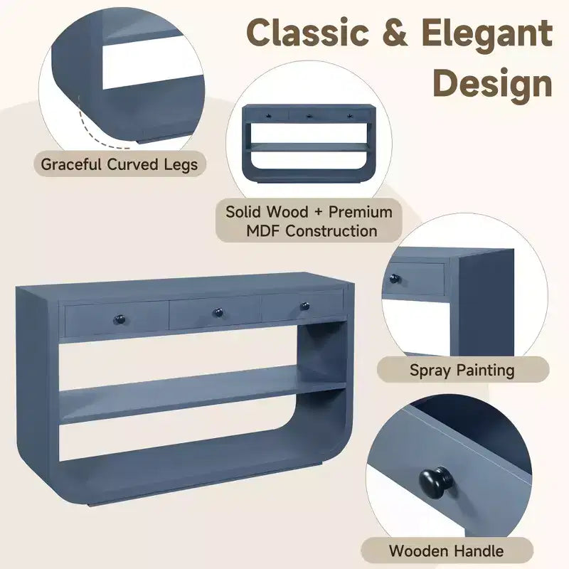 ModernLuxe – Console incurvée, table d'entrée, table de canapé, support d'exposition, table d'appoint avec 3 tiroirs à fermeture douce et 2 étagères ouvertes