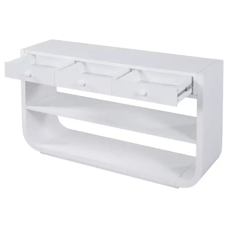 ModernLuxe – Console incurvée, table d'entrée, table de canapé, support d'exposition, table d'appoint avec 3 tiroirs à fermeture douce et 2 étagères ouvertes
