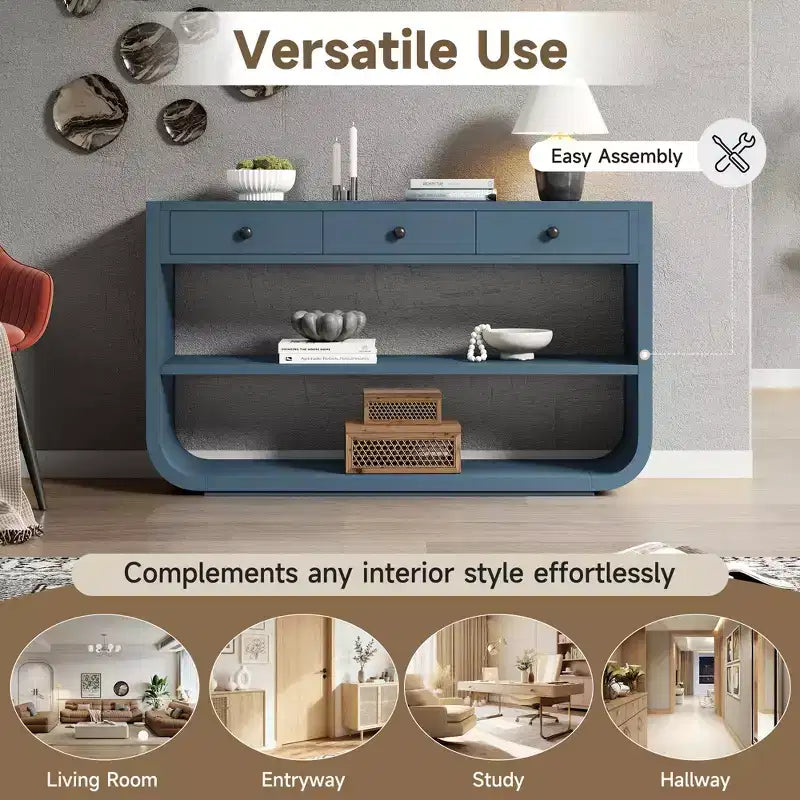 ModernLuxe – Console incurvée, table d'entrée, table de canapé, support d'exposition, table d'appoint avec 3 tiroirs à fermeture douce et 2 étagères ouvertes