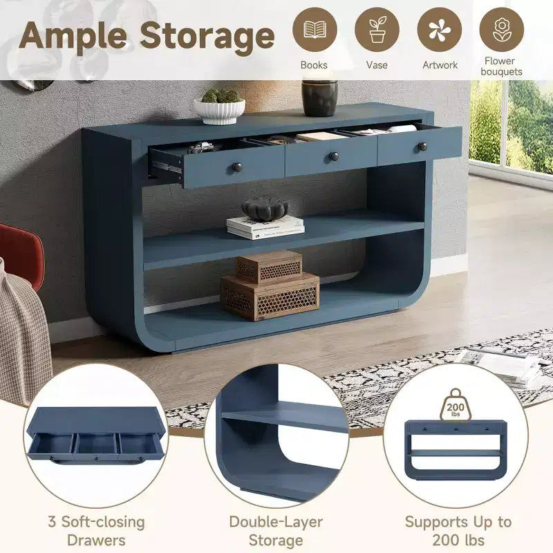 ModernLuxe – Console incurvée, table d'entrée, table de canapé, support d'exposition, table d'appoint avec 3 tiroirs à fermeture douce et 2 étagères ouvertes