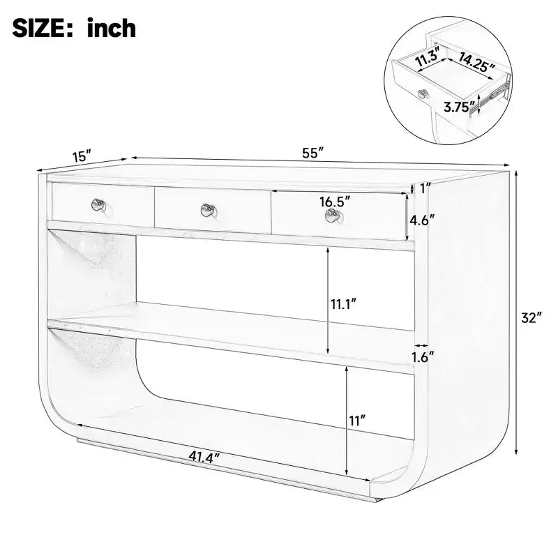 ModernLuxe – Console incurvée, table d'entrée, table de canapé, support d'exposition, table d'appoint avec 3 tiroirs à fermeture douce et 2 étagères ouvertes