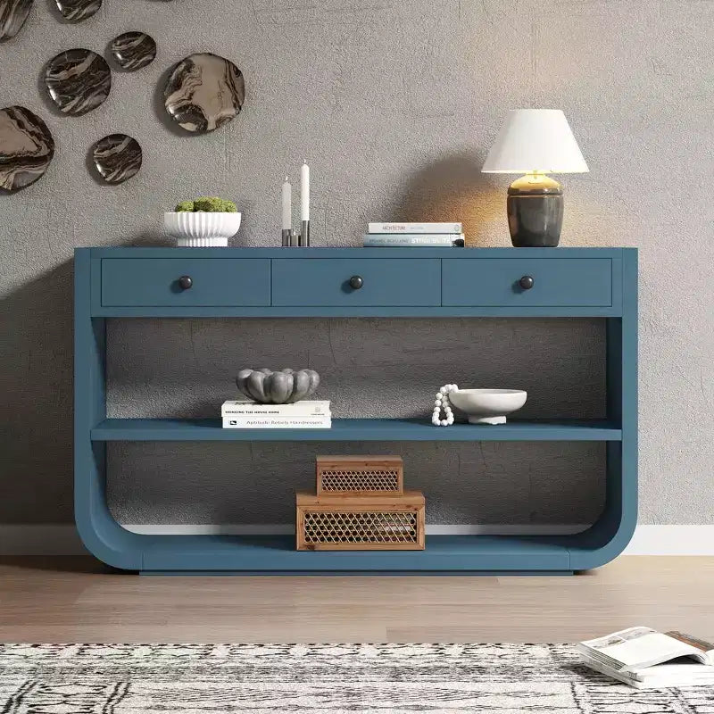 ModernLuxe Curved Console Table Entryway Table Sofa Side Table Display Stand Accent Table with 3 Soft-Close Drawers & 2 Open Shelves
