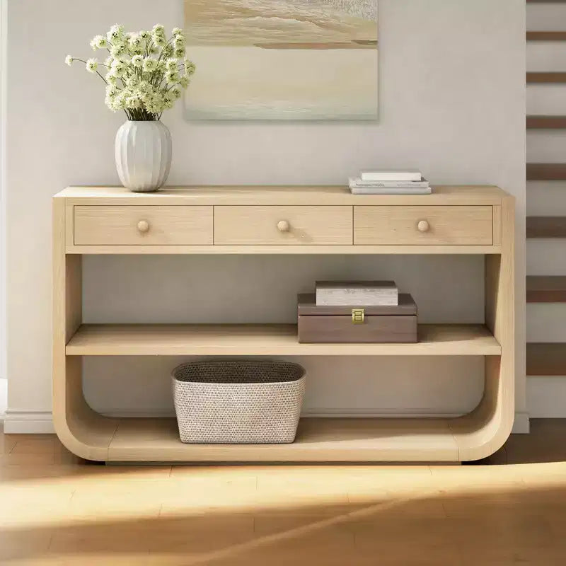 ModernLuxe – Console incurvée, table d'entrée, table de canapé, support d'exposition, table d'appoint avec 3 tiroirs à fermeture douce et 2 étagères ouvertes