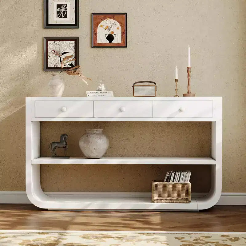ModernLuxe – Console incurvée, table d'entrée, table de canapé, support d'exposition, table d'appoint avec 3 tiroirs à fermeture douce et 2 étagères ouvertes