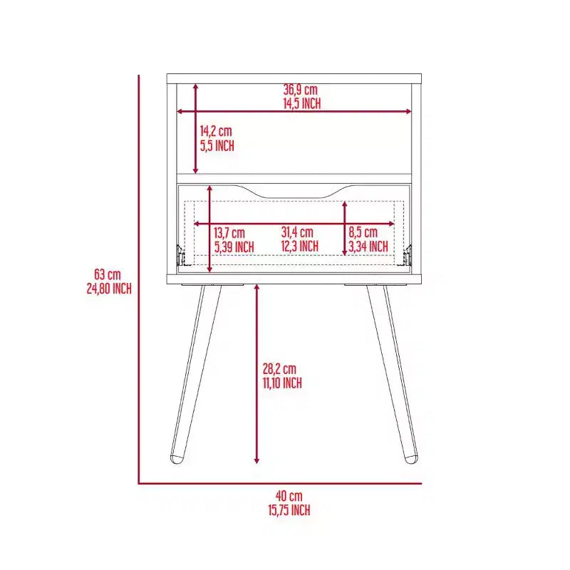 Conçue pour un usage quotidien pratique, cette table de chevet Otom, avec plateau supérieur, une étagère ouverte, un tiroir et quatre pieds – chêne fumé/blanc offre une.