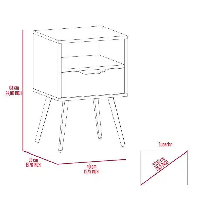 Conçue pour un usage quotidien pratique, cette table de chevet Otom, avec plateau supérieur, une étagère ouverte, un tiroir et quatre pieds – chêne fumé/blanc offre une.