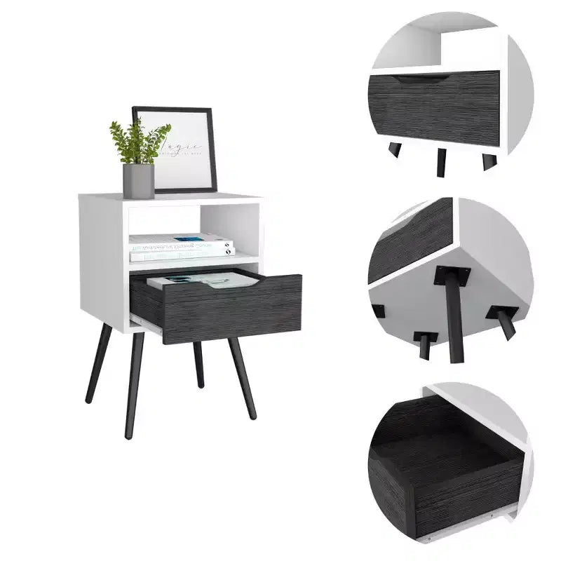 Conçue pour un usage quotidien pratique, cette table de chevet Otom, avec plateau supérieur, une étagère ouverte, un tiroir et quatre pieds – chêne fumé/blanc offre une.