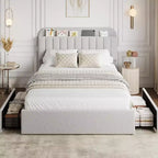 Full Size Platform Bed Frame with Storage Headboard, Bookcase & 2 Drawers, Boucle Upholstered, No Box Spring Needed, Easy Assembly, Light Gray