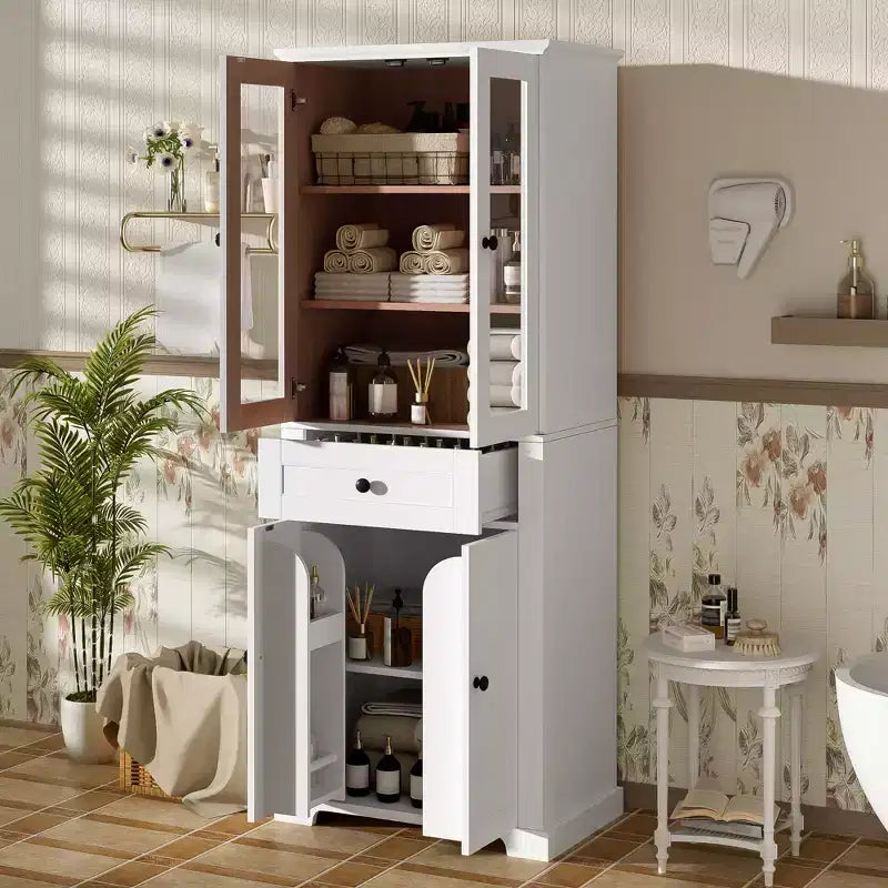 Clihome Meuble de rangement de salle de bain de 171,6 cm de haut avec étagères réglables et tiroir, tour de lin autoportante moderne, conception à fermeture douce