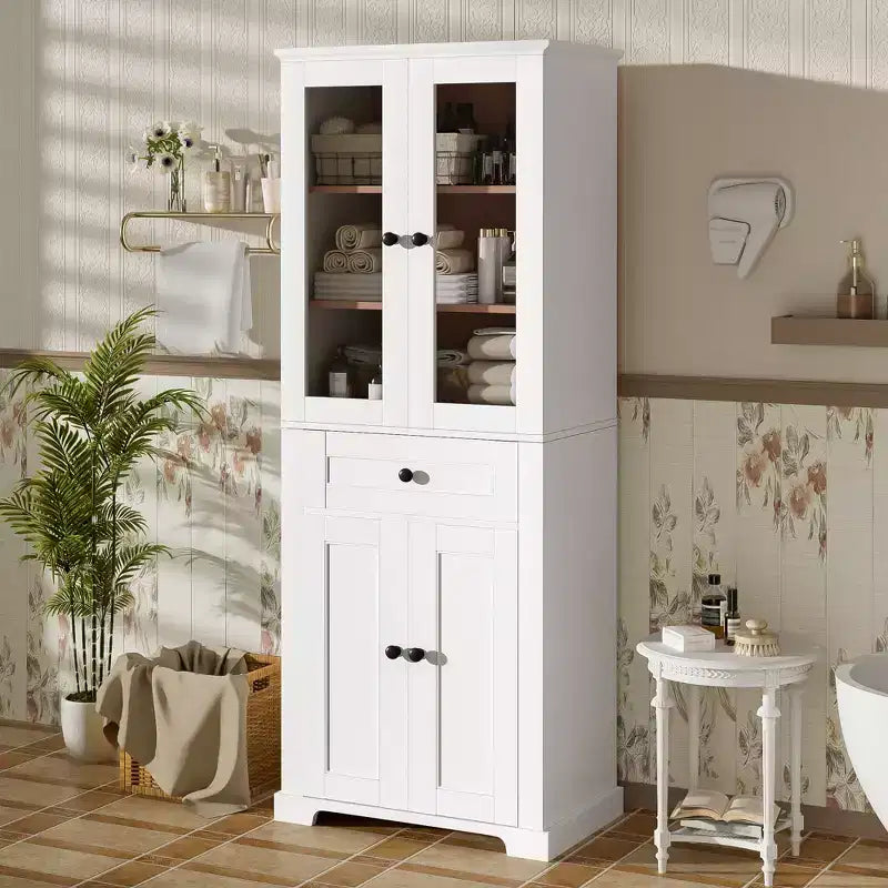 Clihome Meuble de rangement de salle de bain de 171,6 cm de haut avec étagères réglables et tiroir, tour de lin autoportante moderne, conception à fermeture douce