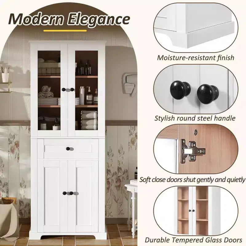 Clihome Meuble de rangement de salle de bain de 171,6 cm de haut avec étagères réglables et tiroir, tour de lin autoportante moderne, conception à fermeture douce