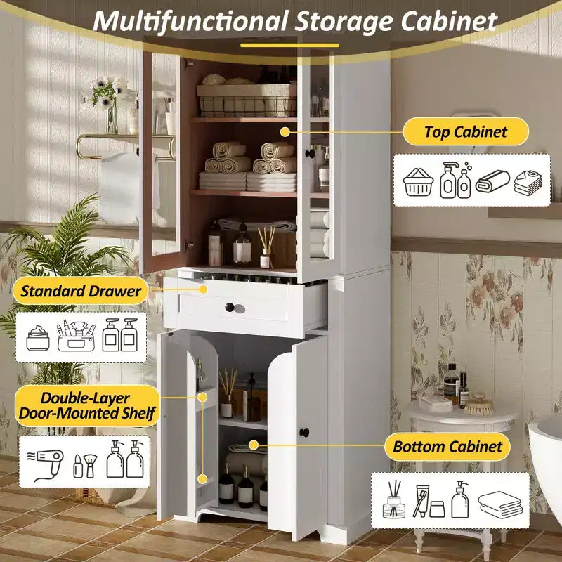 Clihome Meuble de rangement de salle de bain de 171,6 cm de haut avec étagères réglables et tiroir, tour de lin autoportante moderne, conception à fermeture douce