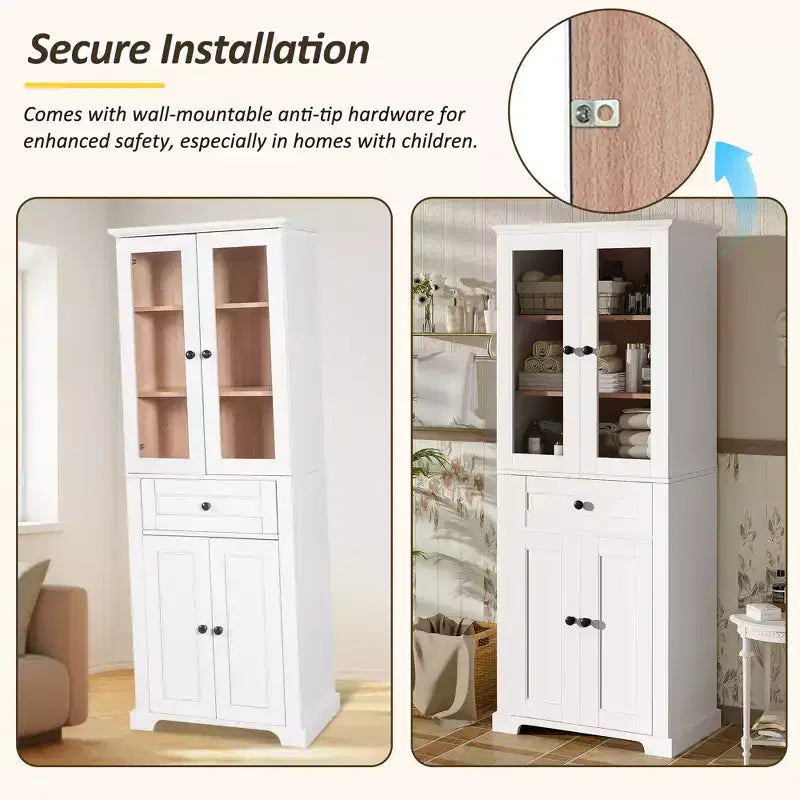 Clihome Meuble de rangement de salle de bain de 171,6 cm de haut avec étagères réglables et tiroir, tour de lin autoportante moderne, conception à fermeture douce