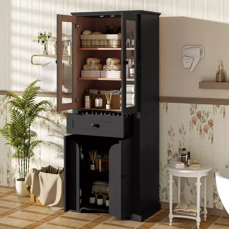 Clihome Meuble de rangement de salle de bain de 171,6 cm de haut avec étagères réglables et tiroir, tour de lin autoportante moderne, conception à fermeture douce